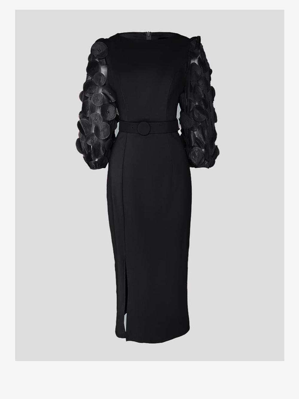 Black Midi Dress with Statement Puff Sleeve .